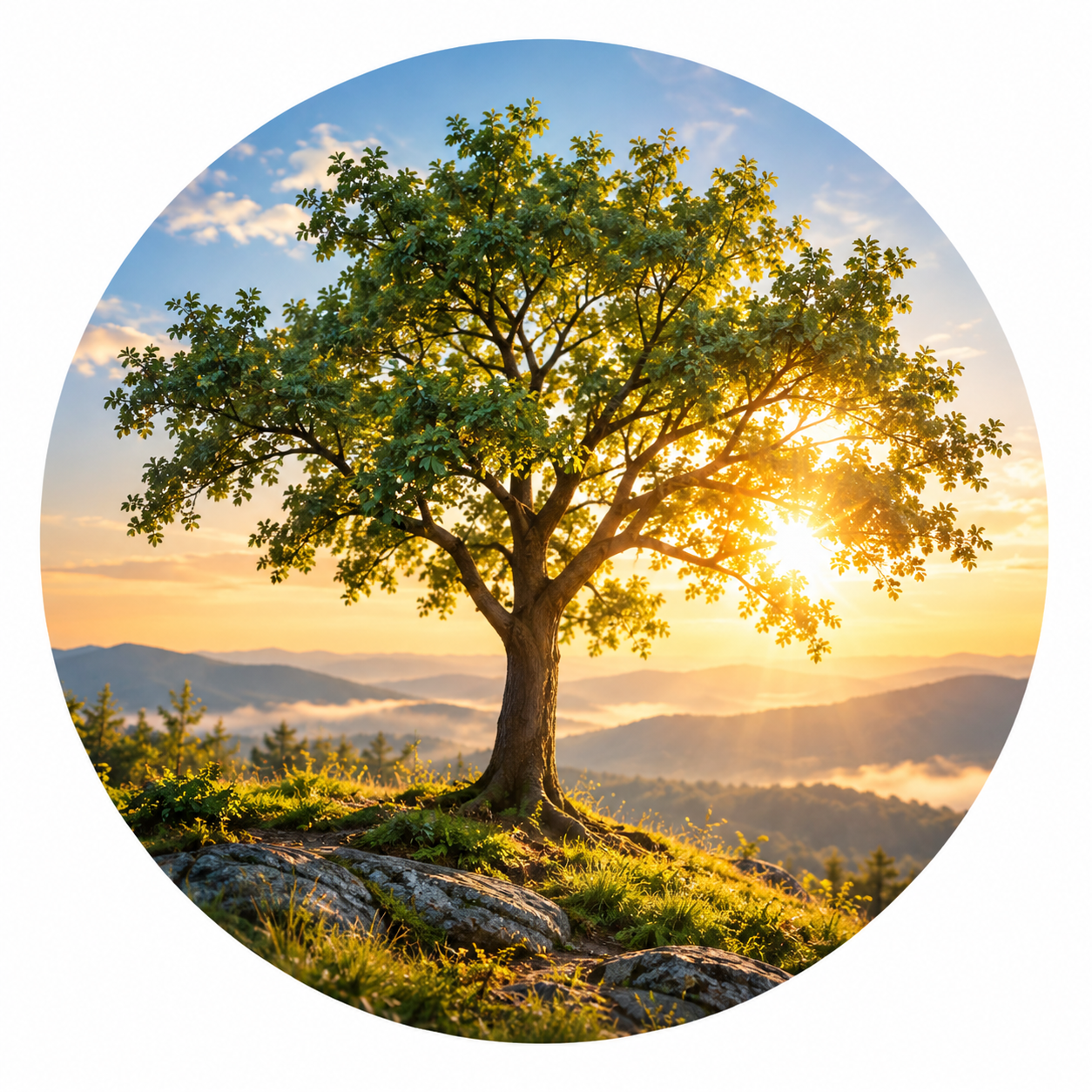Home golden tree over misty mountains