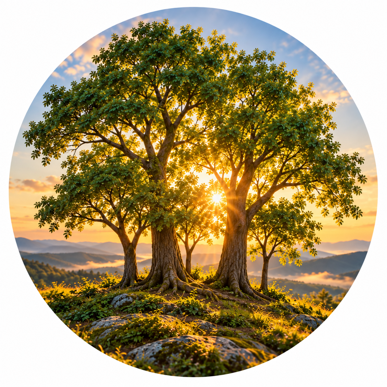 Home sunlit family grove over misty mountains